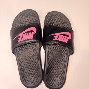 Nike Black and Pink Slides - Size 8